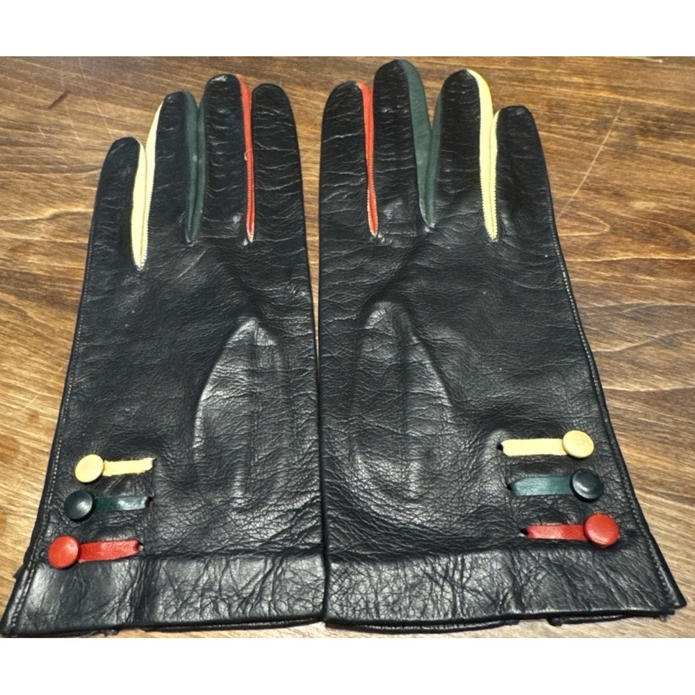 Women's 3 Color Button Leather Gloves, Black, Vintage 7 Rare